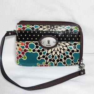 Y2K Fossil Wristlet Retro‎ Mandala Print Coated Canvas Zip Around Wallet Clutch